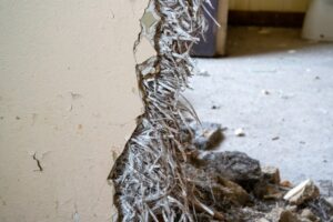 Exposed asbestos fibers in an interior wall